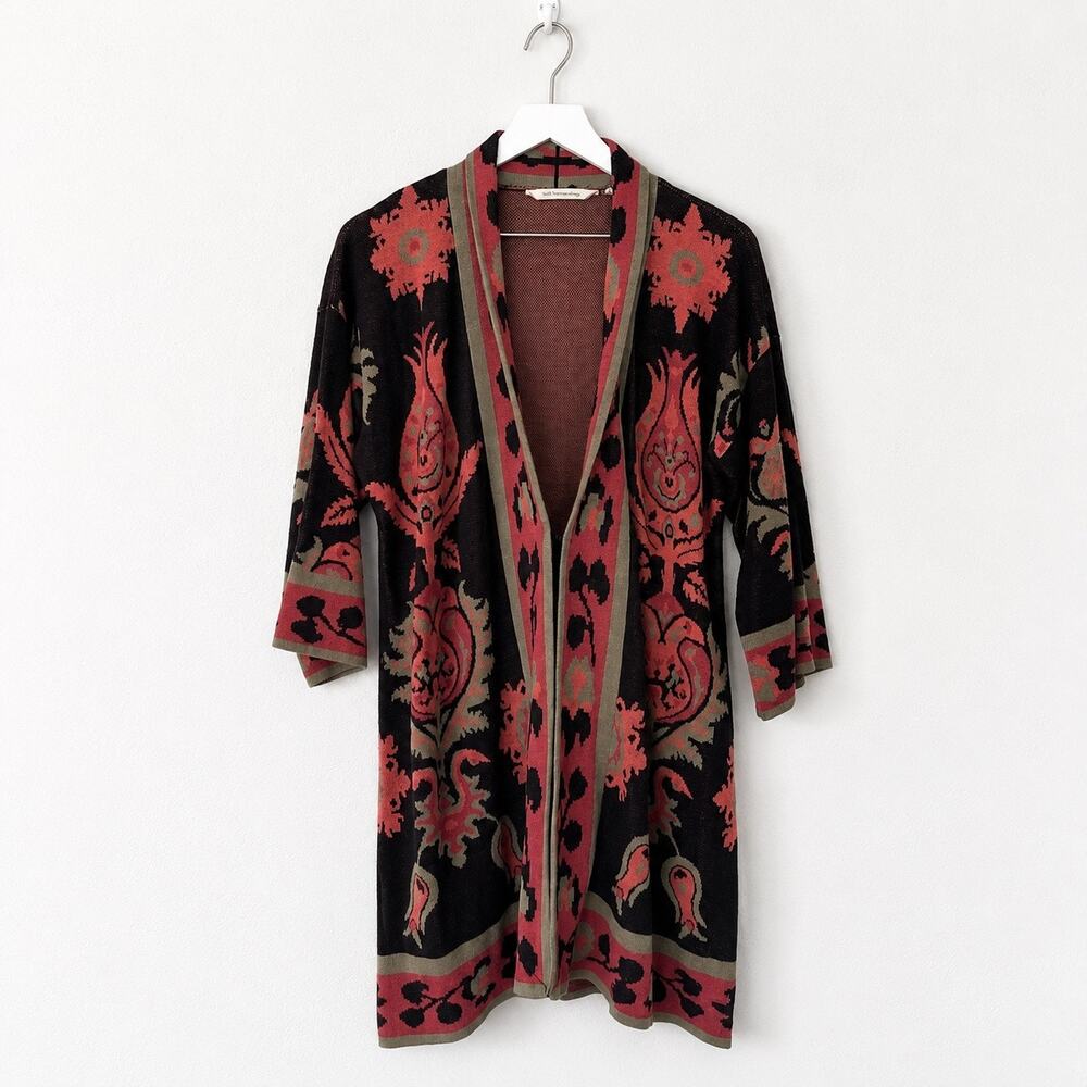 Soft Surroundings Icon Sweater Cardigan Black Coral Paisley Jacquard Boho Topper